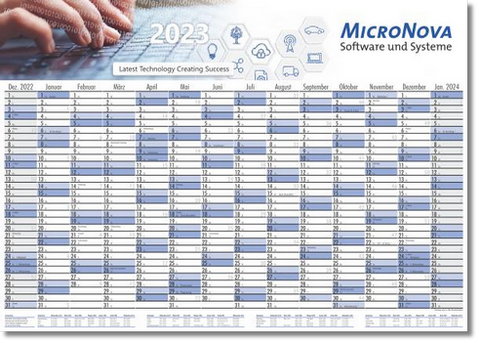 Plakatkalender 2023 mit 14 Monaten, Zusatzmonate grau unterlegt